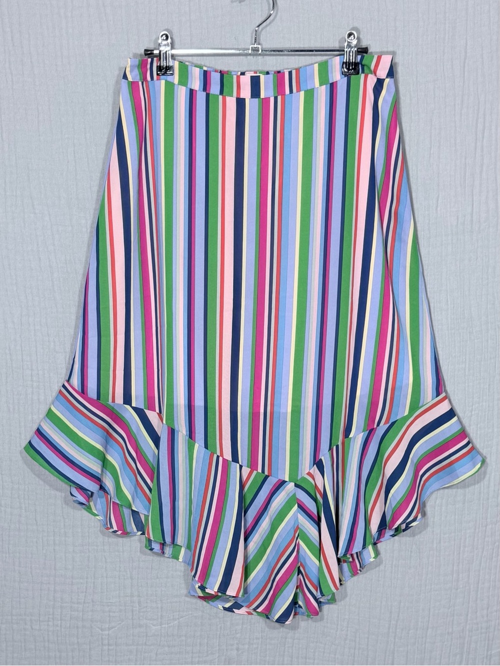 a new day | Multicolor Vertical Stripe Midi Skirt with Ruffle Hem | size M